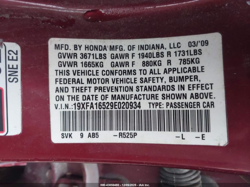 2009 Honda Civic Lx VIN: 19XFA16529E020934 Lot: 43858480