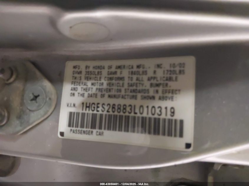 2003 Honda Civic Ex VIN: 1HGES26883L010319 Lot: 43858481