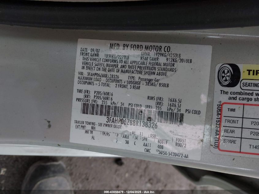 2008 Ford Fusion S VIN: 3FAHP06Z88R138326 Lot: 43858479