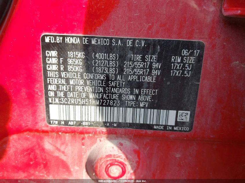 2017 Honda Hr-V Ex VIN: 3CZRU5H51HM727823 Lot: 43858490
