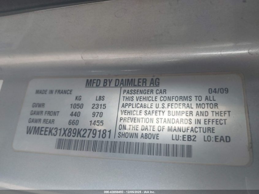 2009 Smart Fortwo Brabus/Passion VIN: WMEEK31X89K279151 Lot: 43858493