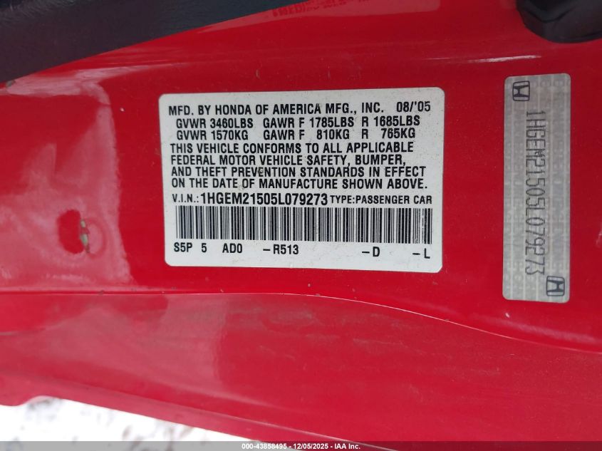 2005 Honda Civic Lx VIN: 1HGEM21505L079273 Lot: 43858495