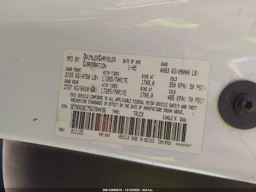 2005 Dodge Ram 2500 Slt/Laramie VIN: 3D7KR28C75G784436 Lot: 43858516