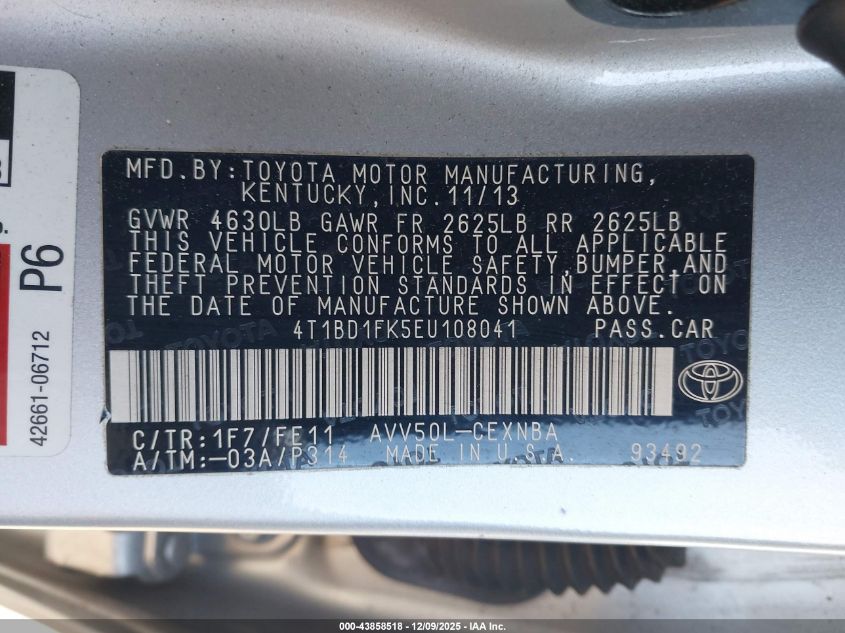 2014 Toyota Camry Hybrid Le VIN: 4T1BD1FK5EU108041 Lot: 43858518