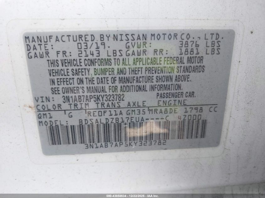 2019 Nissan Sentra Sv VIN: 3N1AB7AP5KY323782 Lot: 43858534