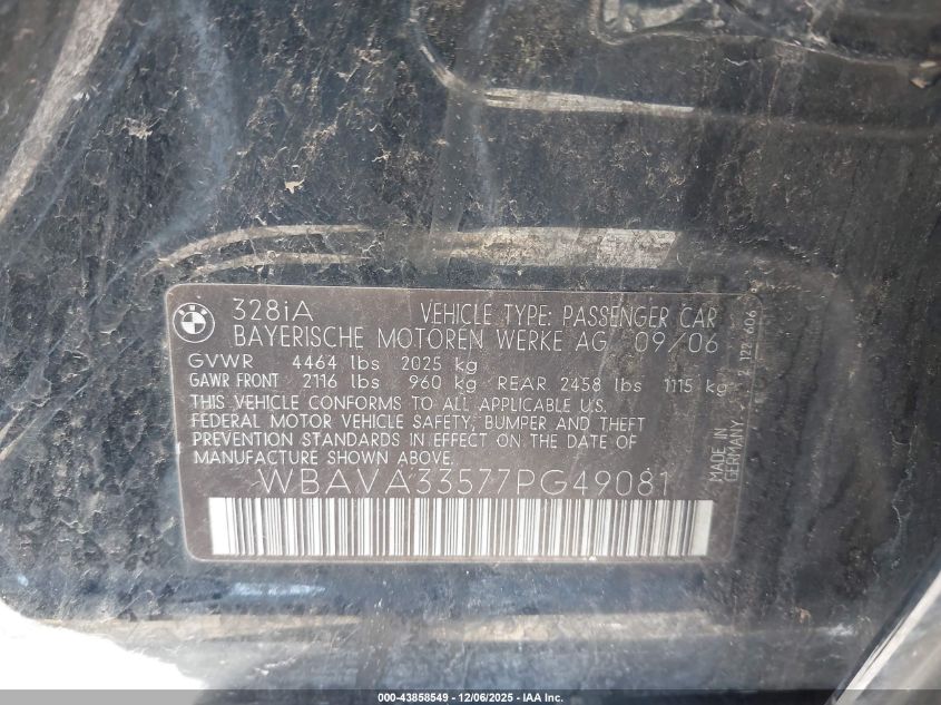 2007 BMW 328I VIN: WBAVA33577PG49081 Lot: 43858549