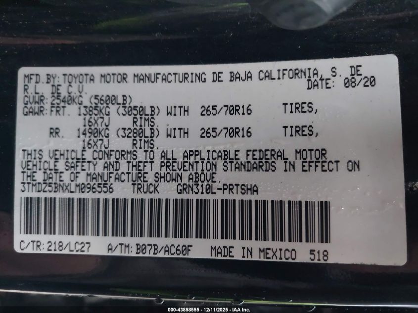 2020 Toyota Tacoma Trd Off-Road VIN: 3TMDZ5BNXLM096556 Lot: 43858555