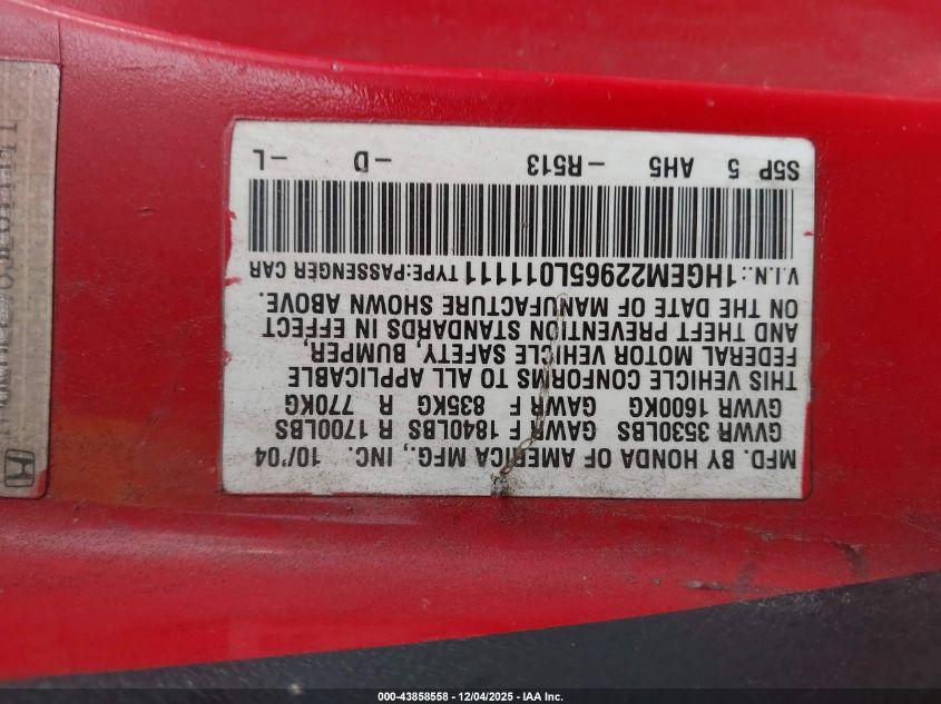 2005 Honda Civic Ex VIN: 1HGEM22965L011111 Lot: 43858558