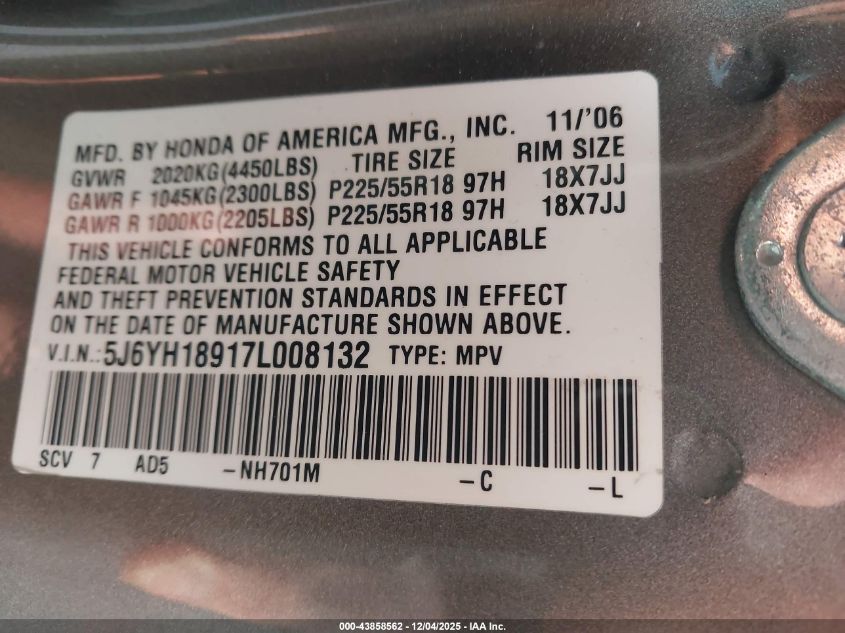 2007 Honda Element Sc VIN: 5J6YH18917L008132 Lot: 43858562