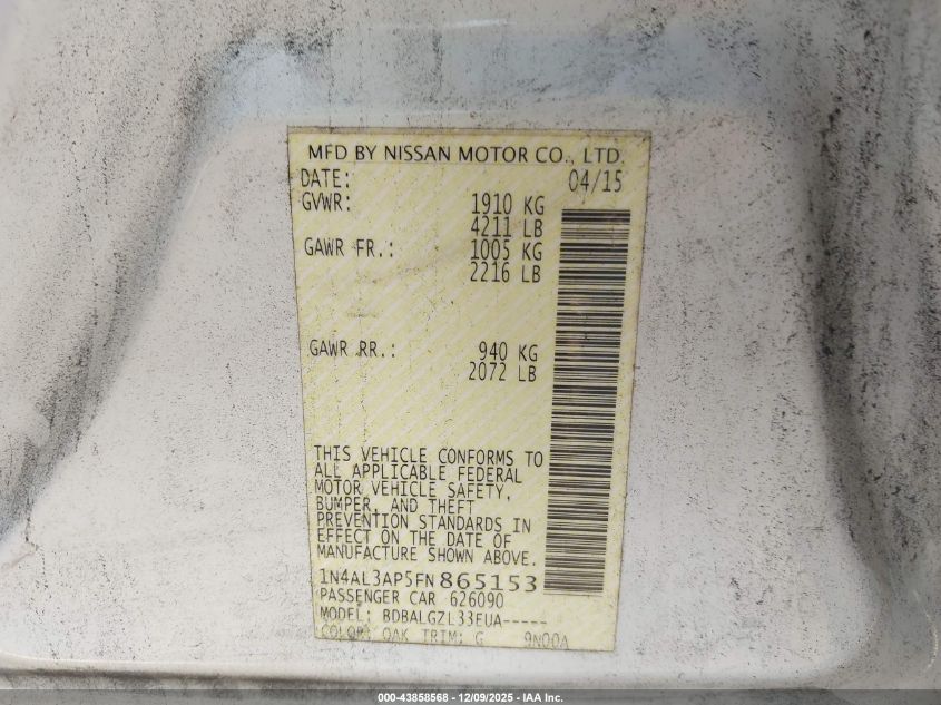 2015 Nissan Altima 2.5/2.5 S/2.5 Sl/2.5 Sv VIN: 1N4AL3AP5FN865153 Lot: 43858568