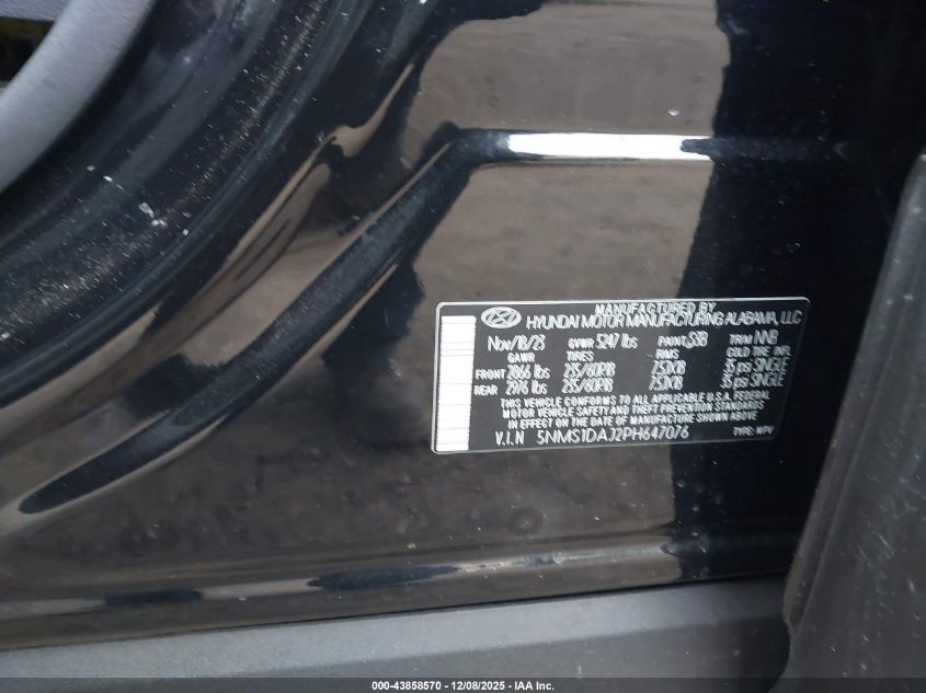 2023 Hyundai Santa Fe Se VIN: 5NMS1DAJ2PH647076 Lot: 43858570