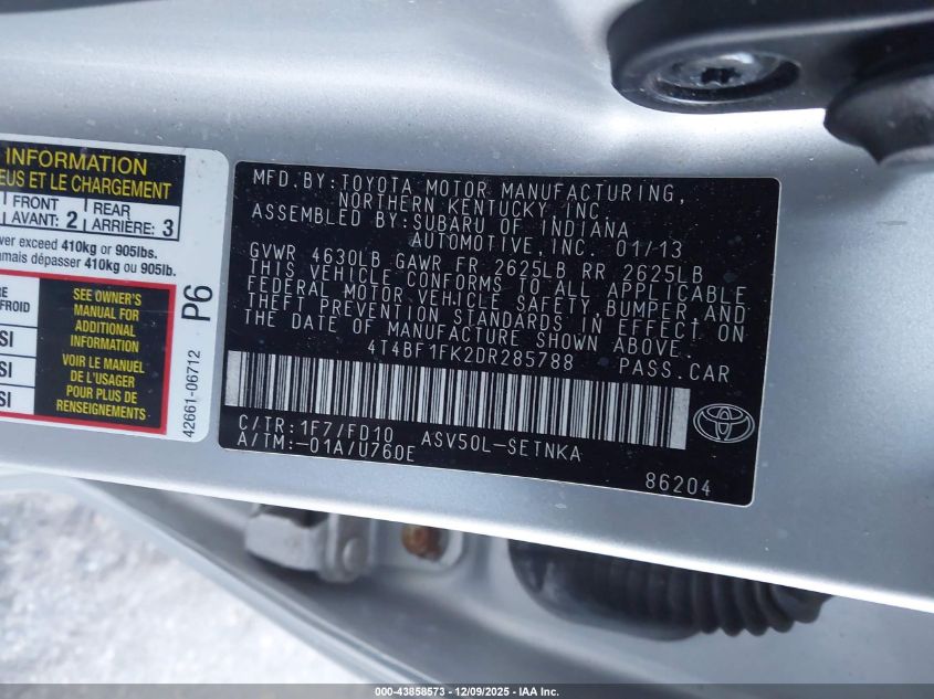 2013 Toyota Camry Le VIN: 4T4BF1FK2DR285788 Lot: 43858573