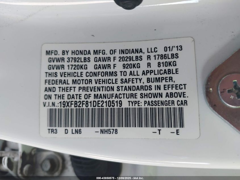 2013 Honda Civic Ex VIN: 19XFB2F81DE210519 Lot: 43858575