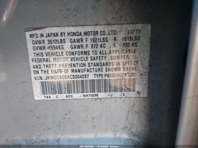 2012 Honda Fit Sport VIN: JHMGE8G5XCS004287 Lot: 43858581