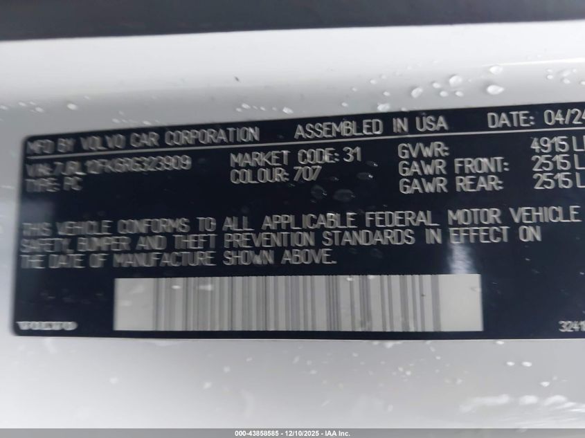 2024 Volvo S60 B5 Core Dark Theme VIN: 7JRL12FK6RG323909 Lot: 43858585