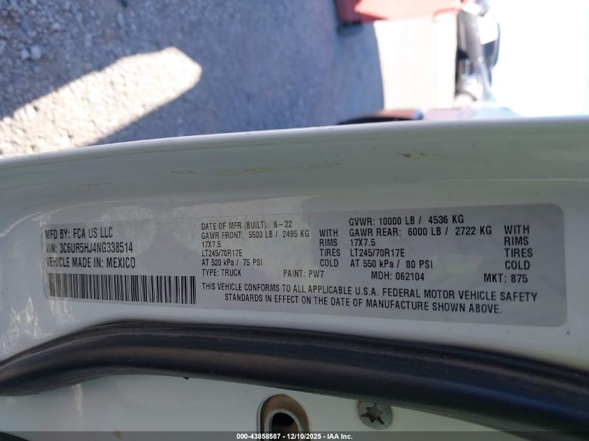 2022 Ram 2500 Tradesman 4X4 8' Box VIN: 3C6UR5HJ4NG338514 Lot: 43858587