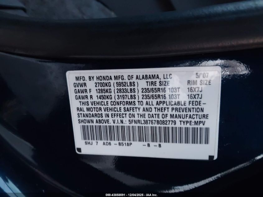 2007 Honda Odyssey Ex-L VIN: 5FNRL38767B082779 Lot: 43858591