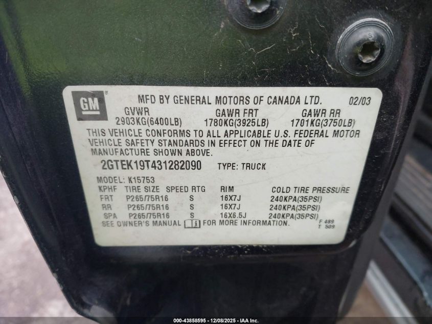 2003 GMC Sierra 1500 Sle VIN: 2GTEK19T431282090 Lot: 43858595