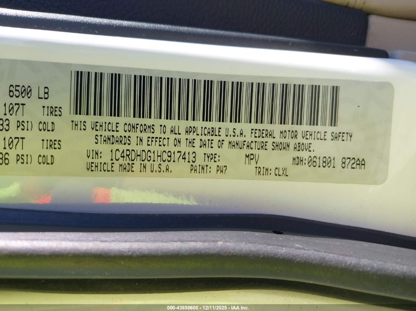 2017 Dodge Durango Gt Rwd VIN: 1C4RDHDG1HC917413 Lot: 43858600