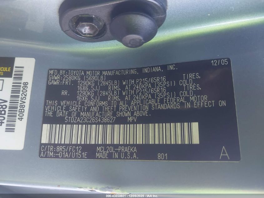 2006 Toyota Sienna Le VIN: 5TDZA23C26S438627 Lot: 43858601