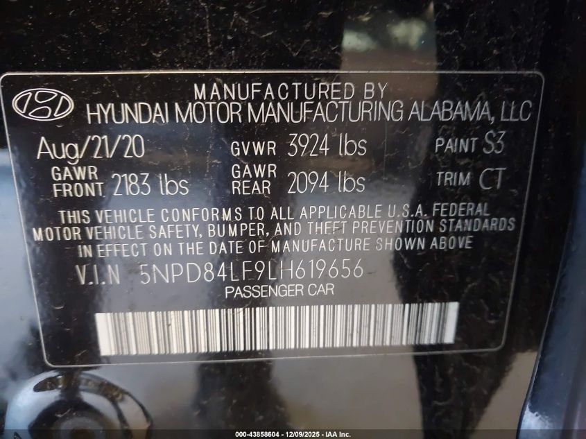 2020 Hyundai Elantra Limited VIN: 5NPD84LF9LH619656 Lot: 43858604