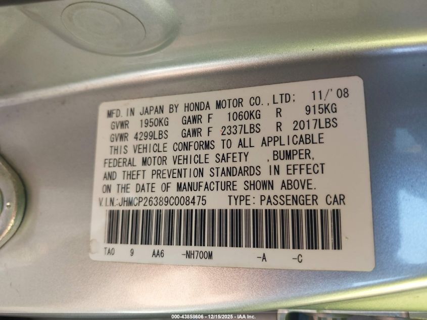 2009 Honda Accord 2.4 Lx VIN: JHMCP26389C008475 Lot: 43858606