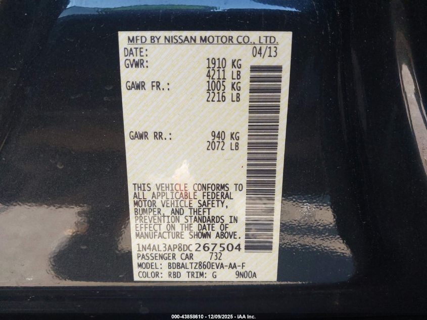 2013 Nissan Altima 2.5 Sv VIN: 1N4AL3AP8DC267504 Lot: 43858610