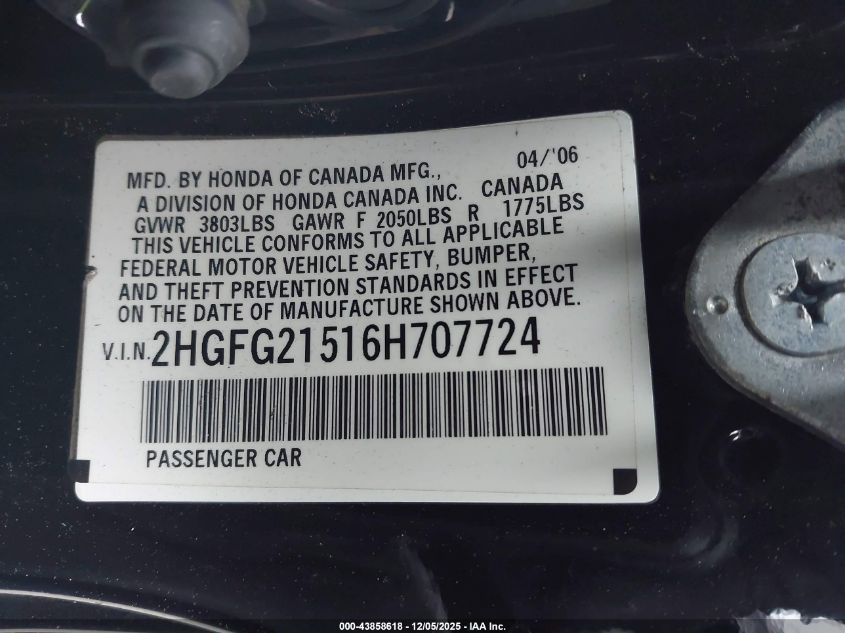 2006 Honda Civic Si VIN: 2HGFG21516H707724 Lot: 43858618