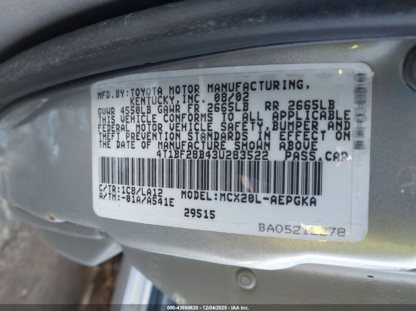 2003 Toyota Avalon Xls VIN: 4T1BF28B43U283522 Lot: 43858620