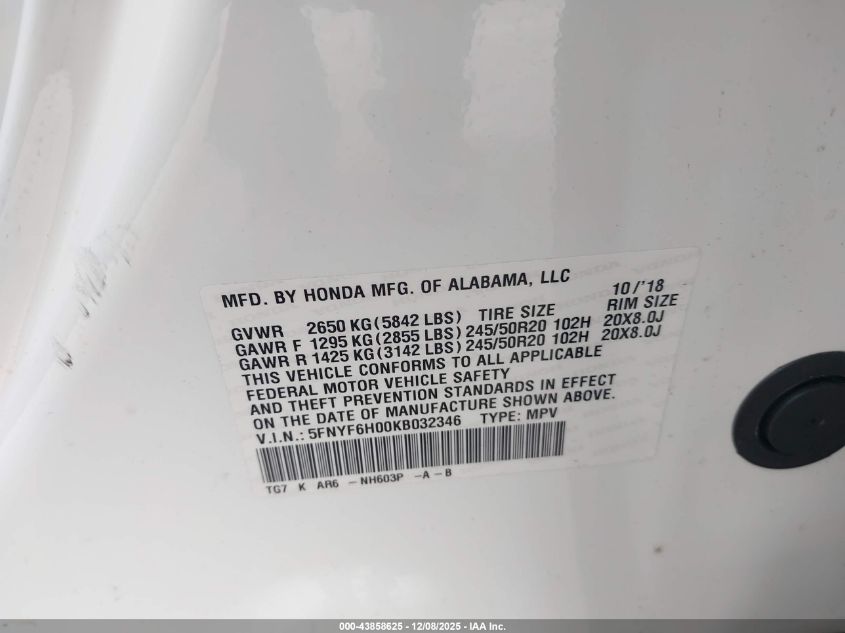 2019 Honda Pilot Elite VIN: 5FNYF6H00KB032346 Lot: 43858625