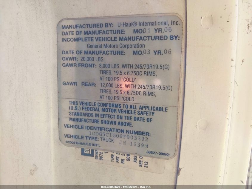 2006 GMC C5500 VIN: 1GDG5C1G06F903392 Lot: 43858629