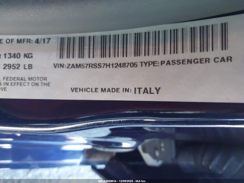 2017 Maserati Ghibli S VIN: ZAM57RSS7H1248705 Lot: 43858634