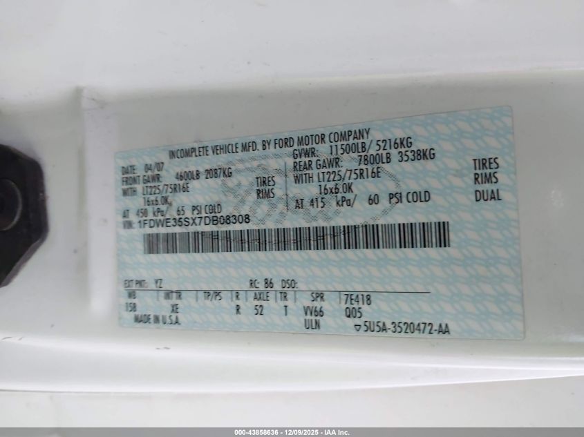 2007 Ford E-350 Cutaway VIN: 1FDWE35SX7DB08308 Lot: 43858636