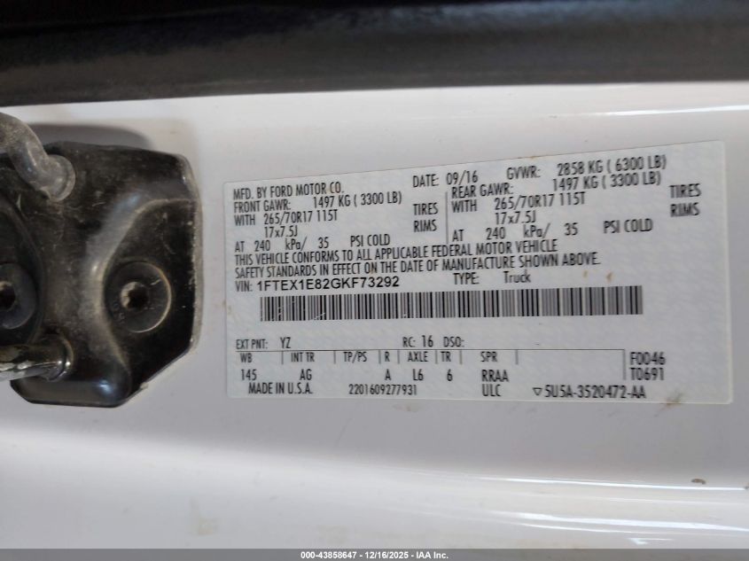 2016 Ford F-150 Xl VIN: 1FTEX1E82GKF73292 Lot: 43858647