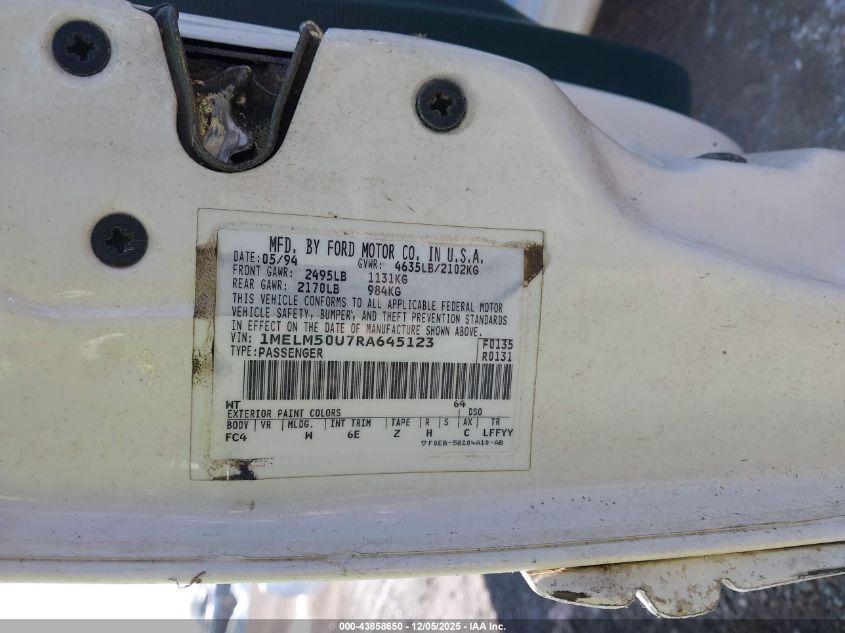 1994 Mercury Sable Gs VIN: 1MELM50U7RA645123 Lot: 43858650