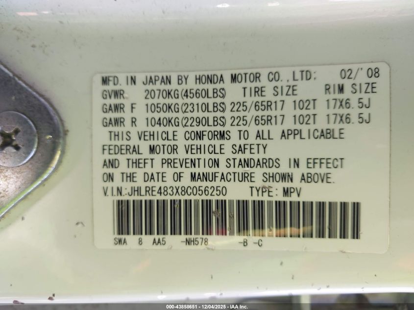 2008 Honda Cr-V Lx VIN: JHLRE483X8C056250 Lot: 43858651