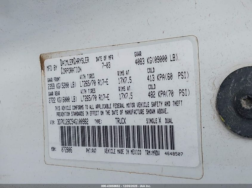 2004 Dodge Ram 2500 Slt/Laramie VIN: 3D7KU28C54G100982 Lot: 43858652