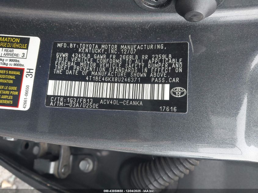 2008 Toyota Camry Le VIN: 4T1BE46KX8U246371 Lot: 43858658