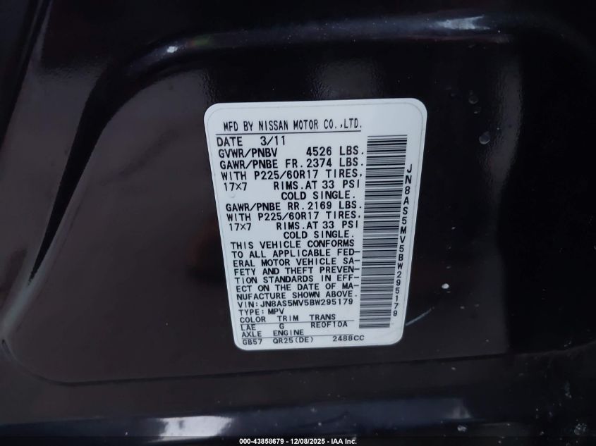 2011 Nissan Rogue Sv VIN: JN8AS5MV5BW295179 Lot: 43858679