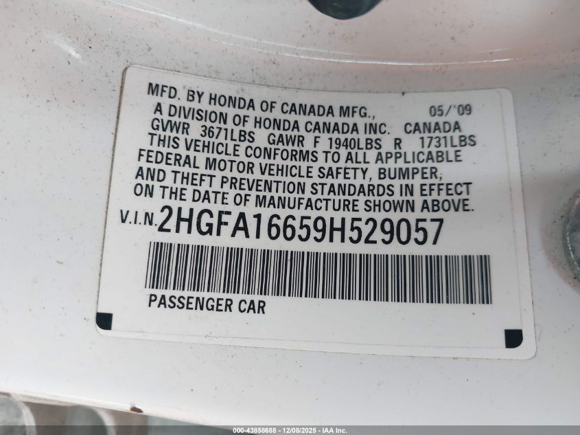 2009 Honda Civic Lx-S VIN: 2HGFA16659H529057 Lot: 43858688