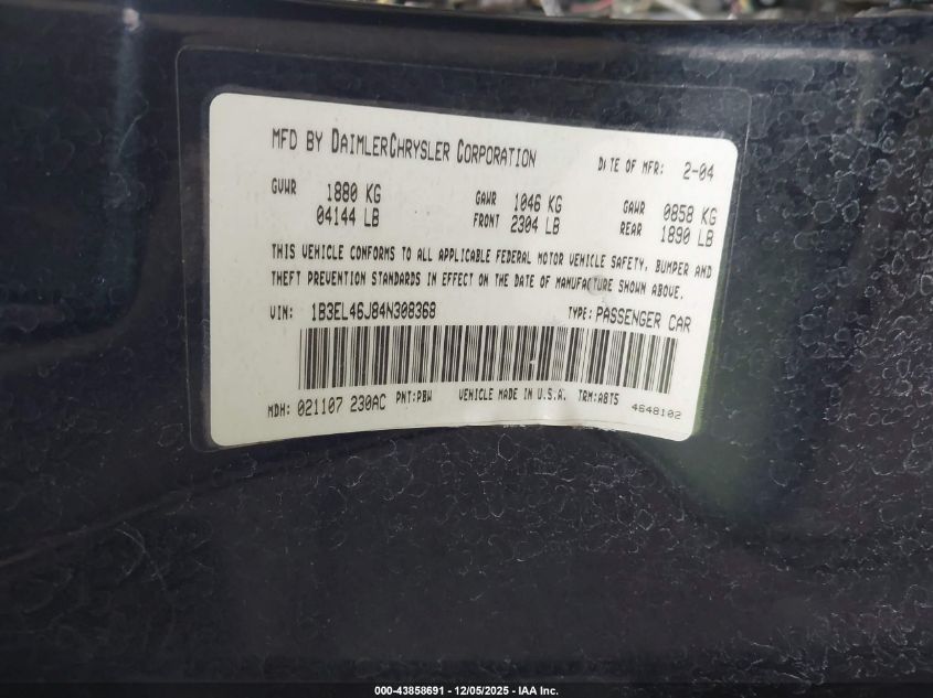 2004 Dodge Stratus Sxt VIN: 1B3EL46J84N308368 Lot: 43858691