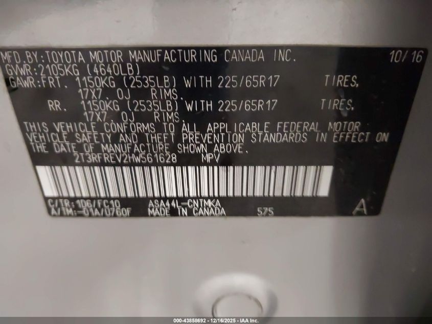 2017 Toyota Rav4 Xle VIN: 2T3RFREV2HW561628 Lot: 43858692