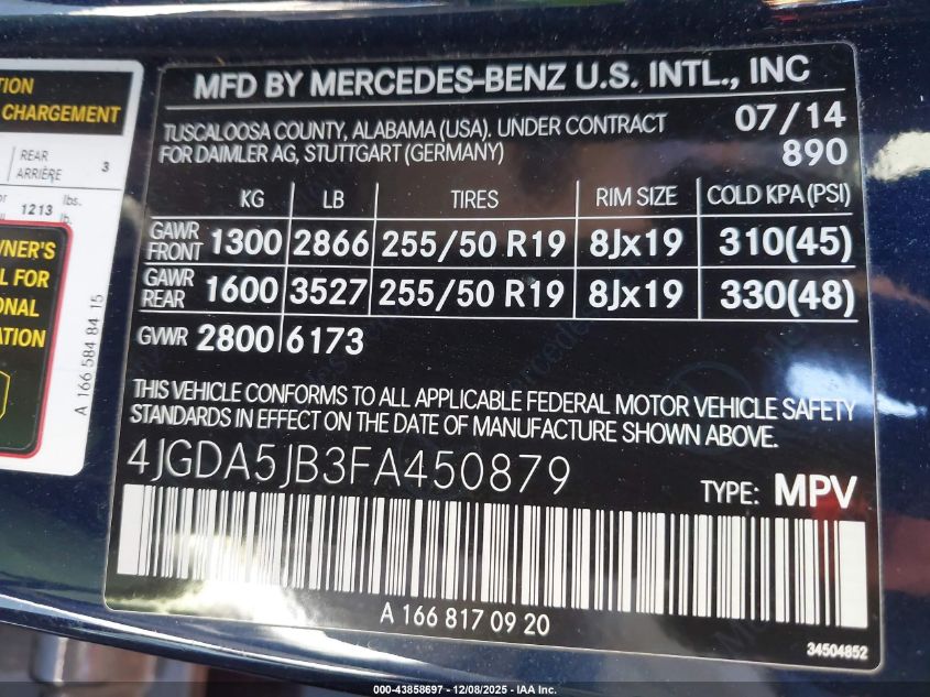 2015 Mercedes-Benz Ml 350 VIN: 4JGDA5JB3FA450879 Lot: 43858697