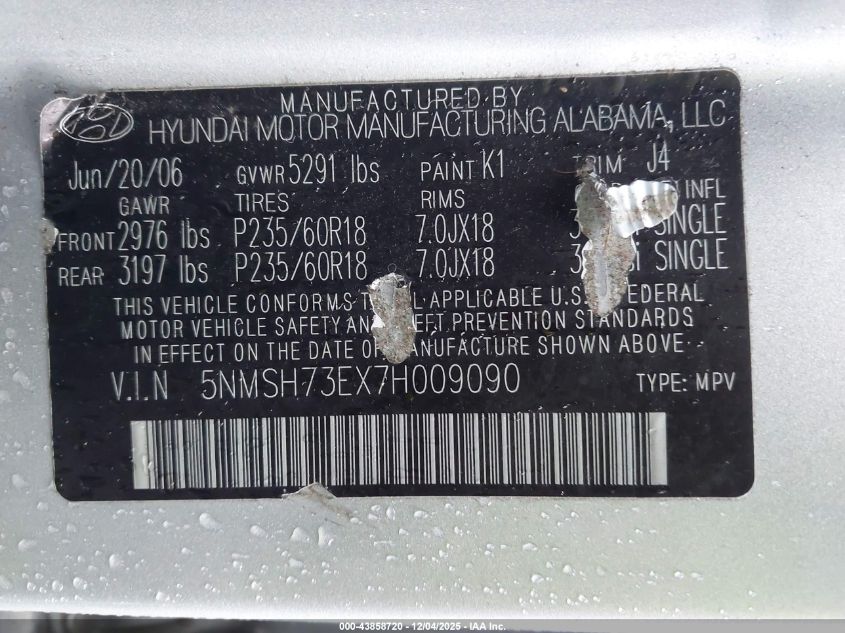 2007 Hyundai Santa Fe Limited/Se VIN: 5NMSH73EX7H009090 Lot: 43858720