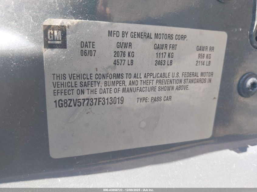 2007 Saturn Aura Xr VIN: 1G8ZV57737F313019 Lot: 43858723