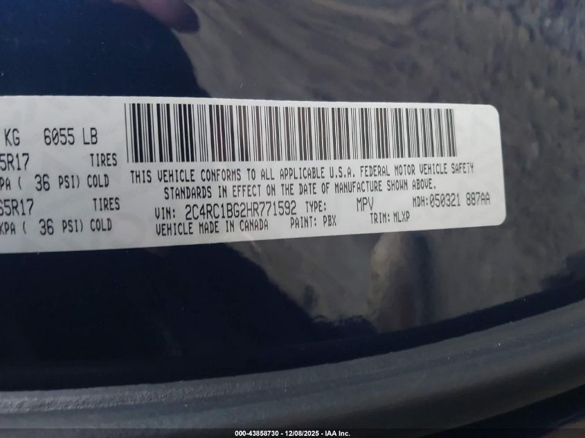 2017 Chrysler Pacifica Touring-L VIN: 2C4RC1BG2HR771592 Lot: 43858730