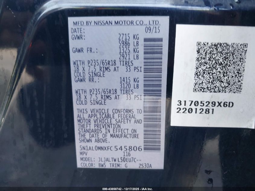 2015 Infiniti Qx60 VIN: 5N1AL0MNXFC545806 Lot: 43858742