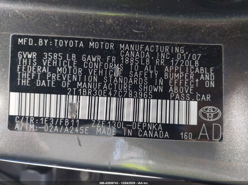 2007 Toyota Corolla Le VIN: 2T1BR30E47C783965 Lot: 43858743