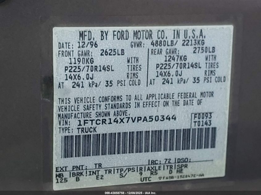 1997 Ford Ranger Splash/Xlt VIN: 1FTCR14X7VPA50344 Lot: 43858758