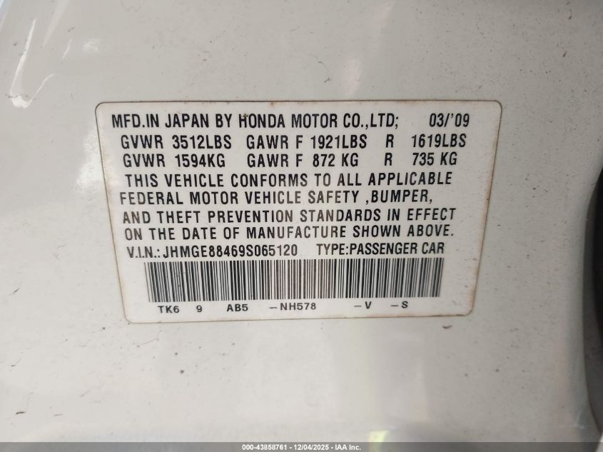 2009 Honda Fit Sport VIN: JHMGE88469S065120 Lot: 43858761